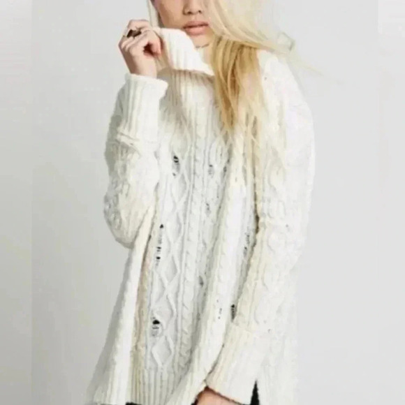 Free People Distressed Cable Knit Sweater, Oversized Small, TurtleNeck, Cozy - Picture 1 of 12